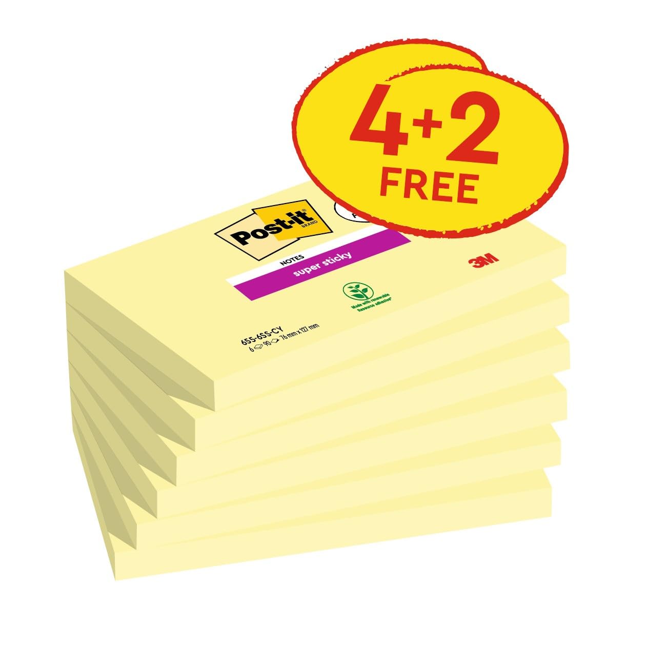 Post-it Super Sticky Notes - Double Sticking Power | 76 x 127 mm | 4 + 2 Free Pads (540 Sheets) 2