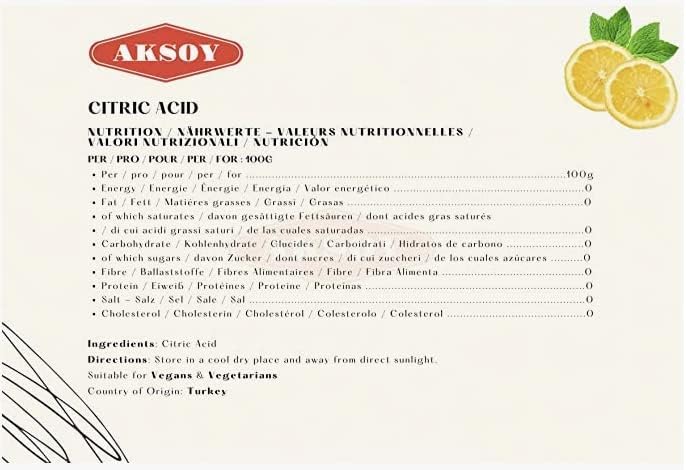 AKSOY Citric Acid Food Grade - 1000g Non-GMO Anhydrous Granule De-Scaler 2