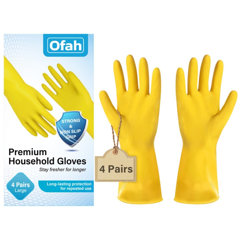 Ofah Premium Household Gloves - Large Size, Waterproof Rubber, Non-Slip Grip | 4 Pairs 1