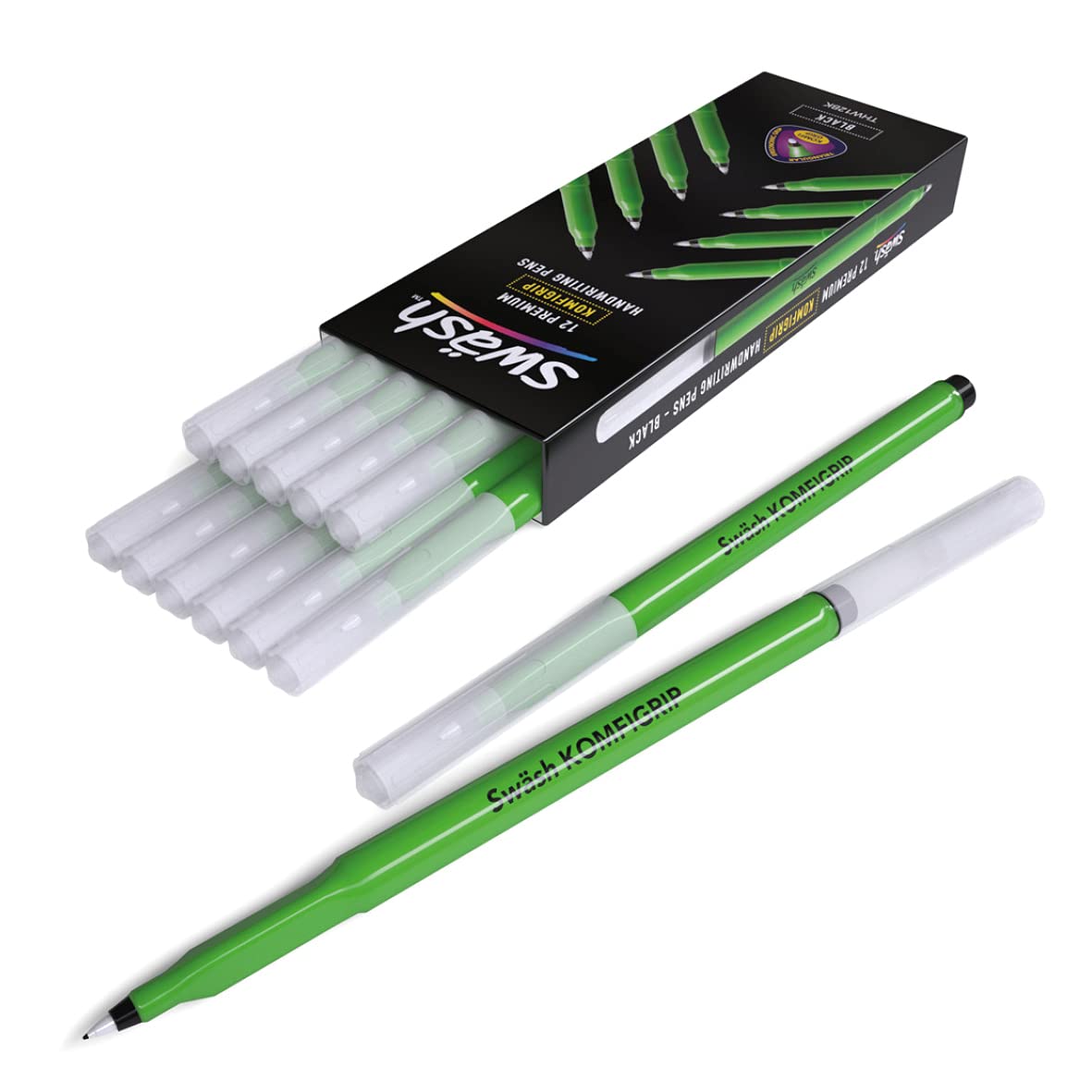 Swash KOMFIGRIP THW12BK Pens for Handwriting, Washable Ink and Pressure-Resistant Tips – Black (Pack of 12) 3