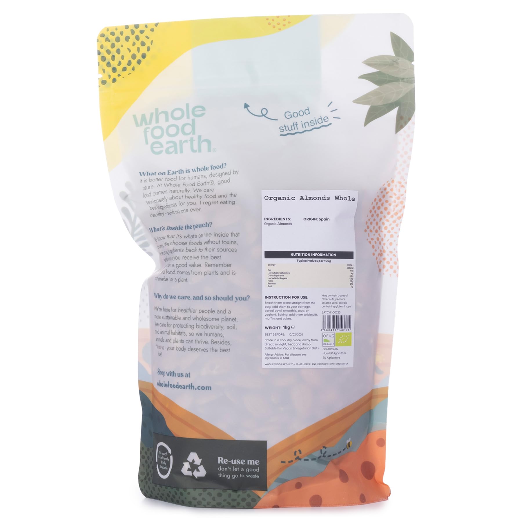 Wholefood Earth Organic Almonds Whole – 1 kg | Raw | GMO Free | Vegan | High Fibre | Source of Protein | Certified Organic