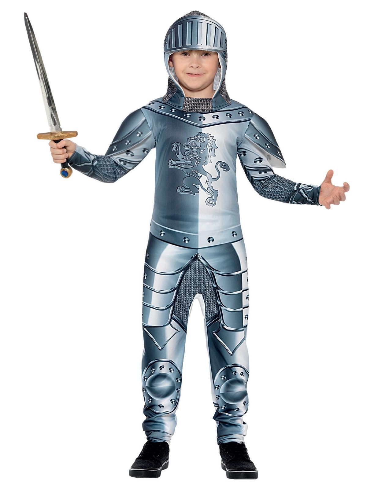 Smiffys Deluxe Armoured Knight Costume - Grey Jumpsuit & Headpiece, Digital Print, Ages 4-6 8