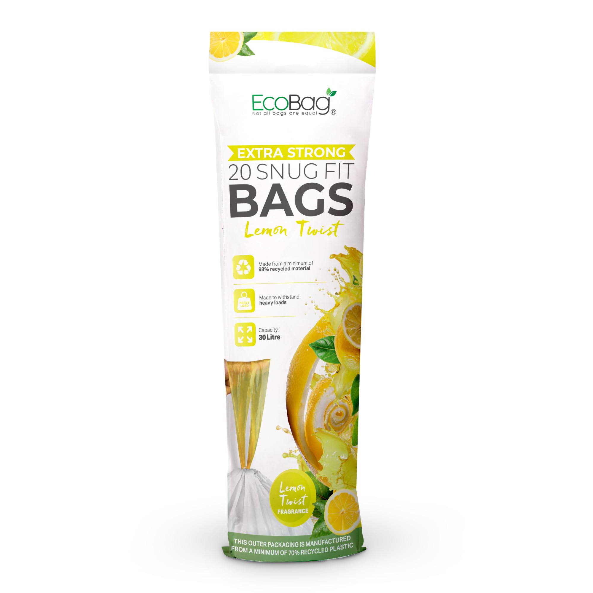 EcoBag 30L Drawstring Bin Liners - 20 Pack Lemon Scented, 25 Micron Thick