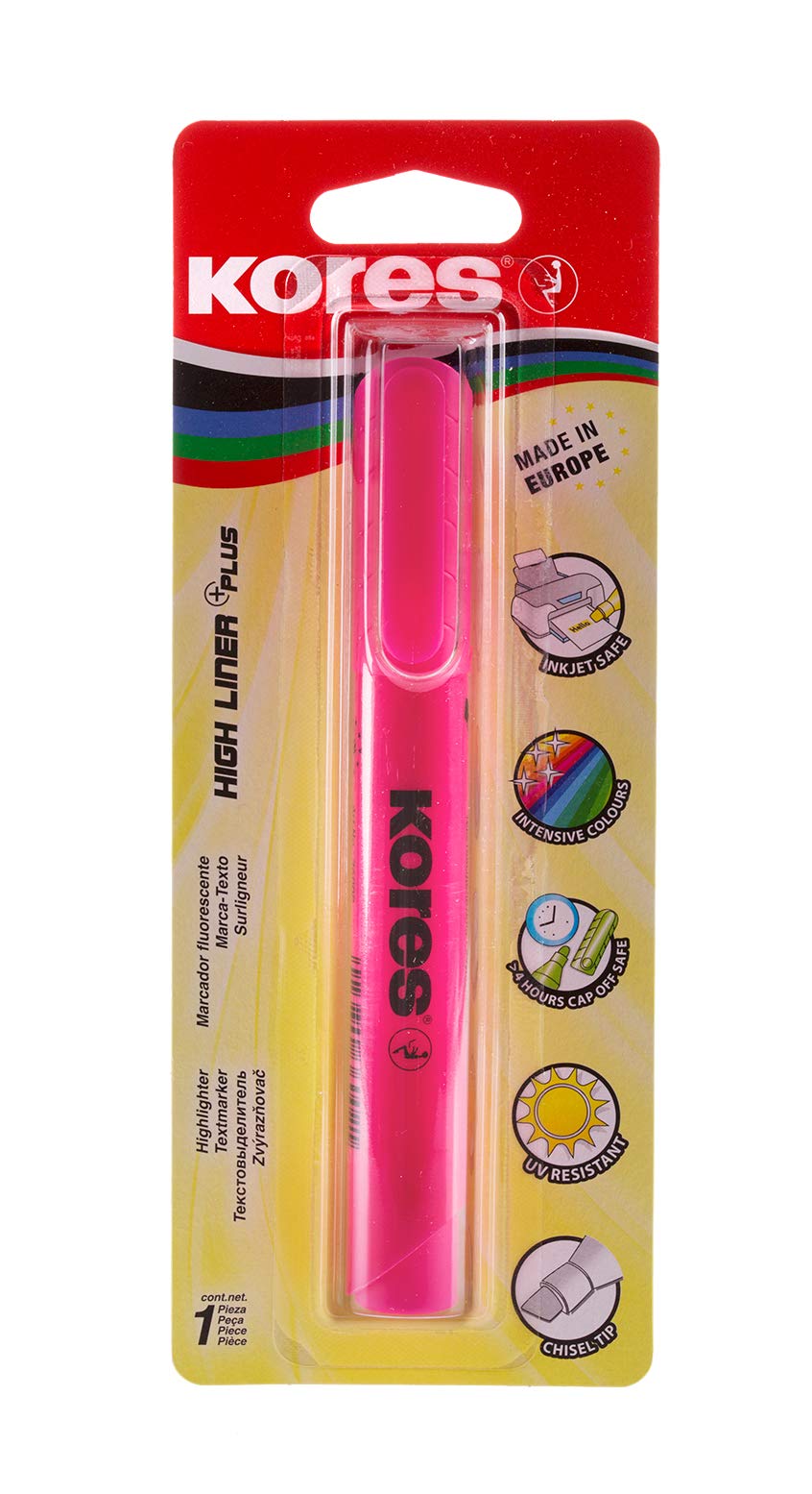 Kores High Liner Plus Fluorescent Pink Highlighter Pen with Chisel Tip | Water-Based Ink | Non-Toxic