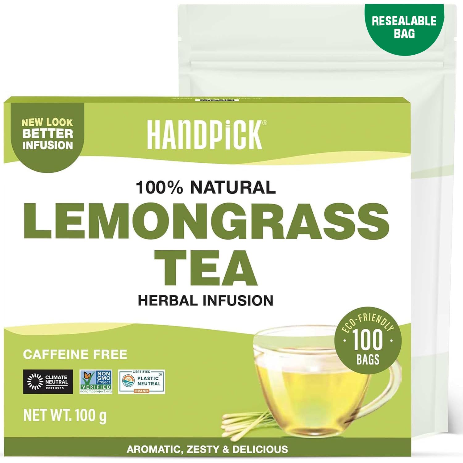 HANDPICK Lemongrass Herbal Tea Bags - 100 Count, Caffeine Free, Non-GMO | Citrus & Mint Flavor 1