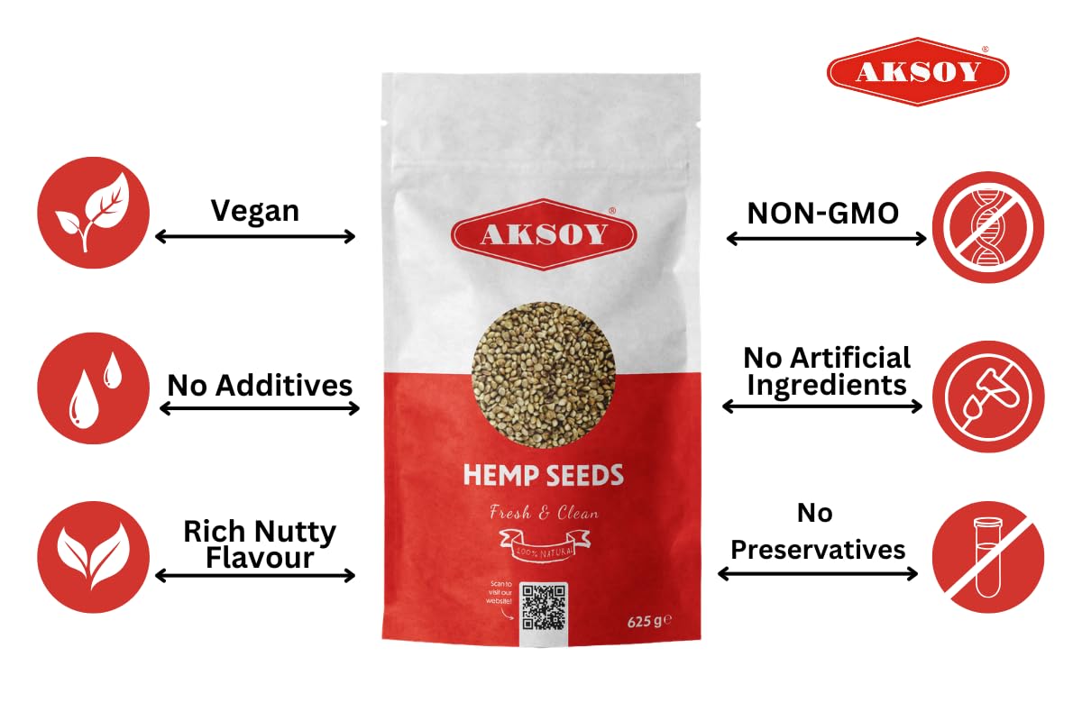 AKSOY Whole Hemp Seeds - Complete Protein Source | 625g | Rich in Omegas 3 & 6