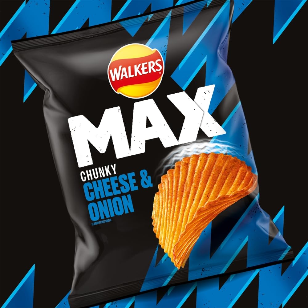 Walkers Max Cheese & Onion Crisps - Deep Ridged Texture | 50g Bags | Multipack of 24