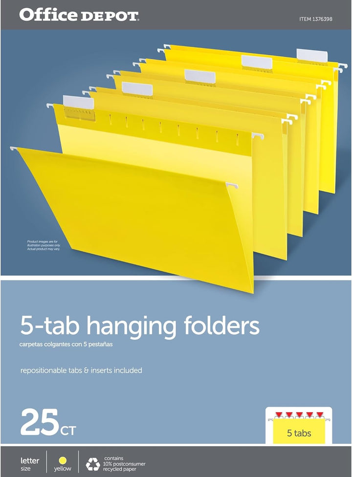 Pendaflex 81606EE Recycled Hanging Folders, Letter Size, Yellow, 1/5 Cut, 25/BX - Eco-Friendly Office Filing Solution