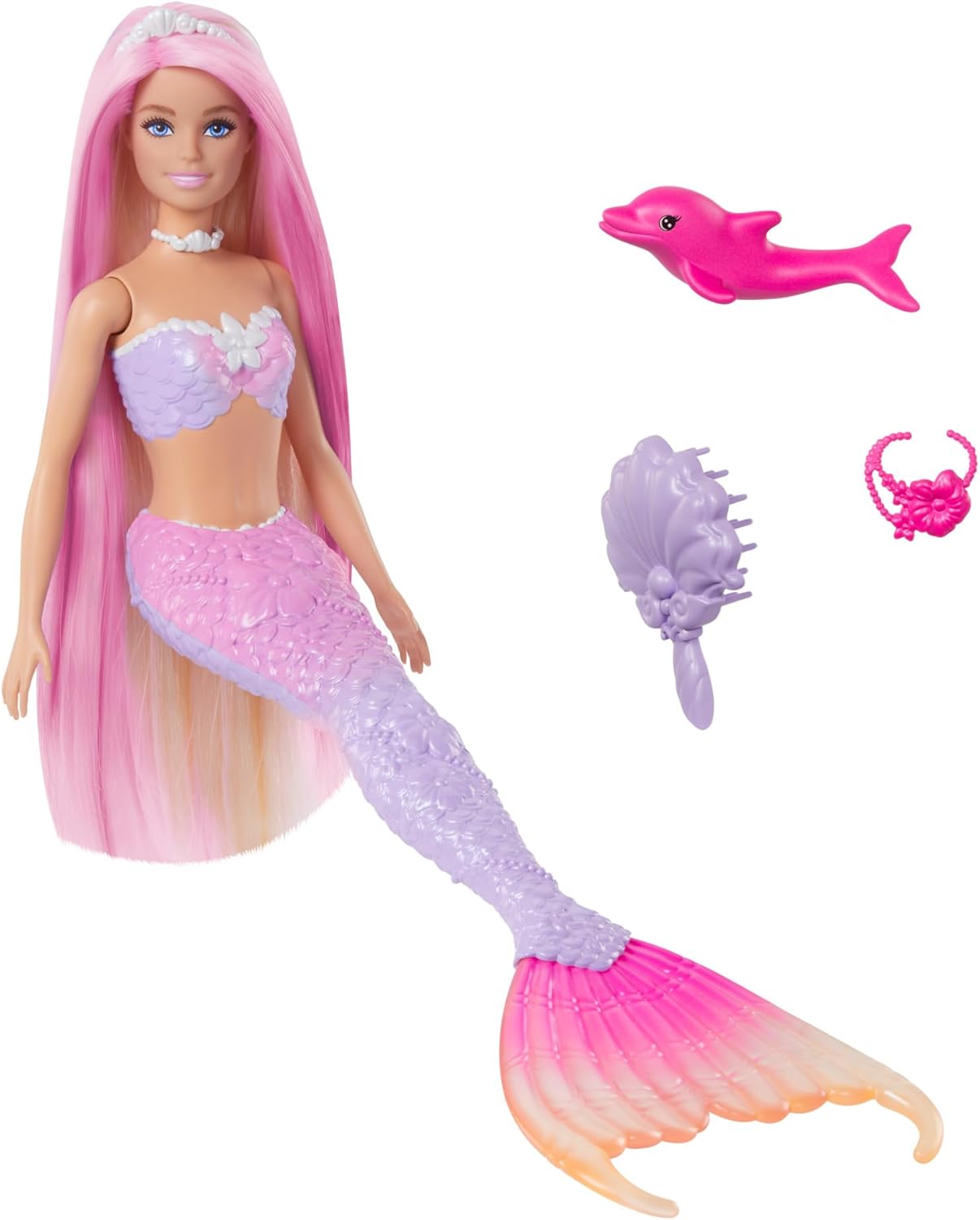 Barbie Mermaid Doll 'Malibu' with Color-Changing Hair & Dolphin - Ages 3+ 1