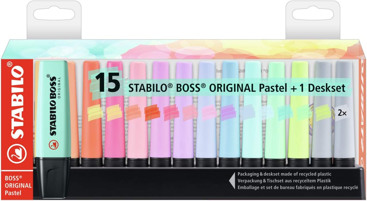 Highlighter - STABILO BOSS ORIGINAL Pastel - Deskset of 15 - Assorted Colours 1