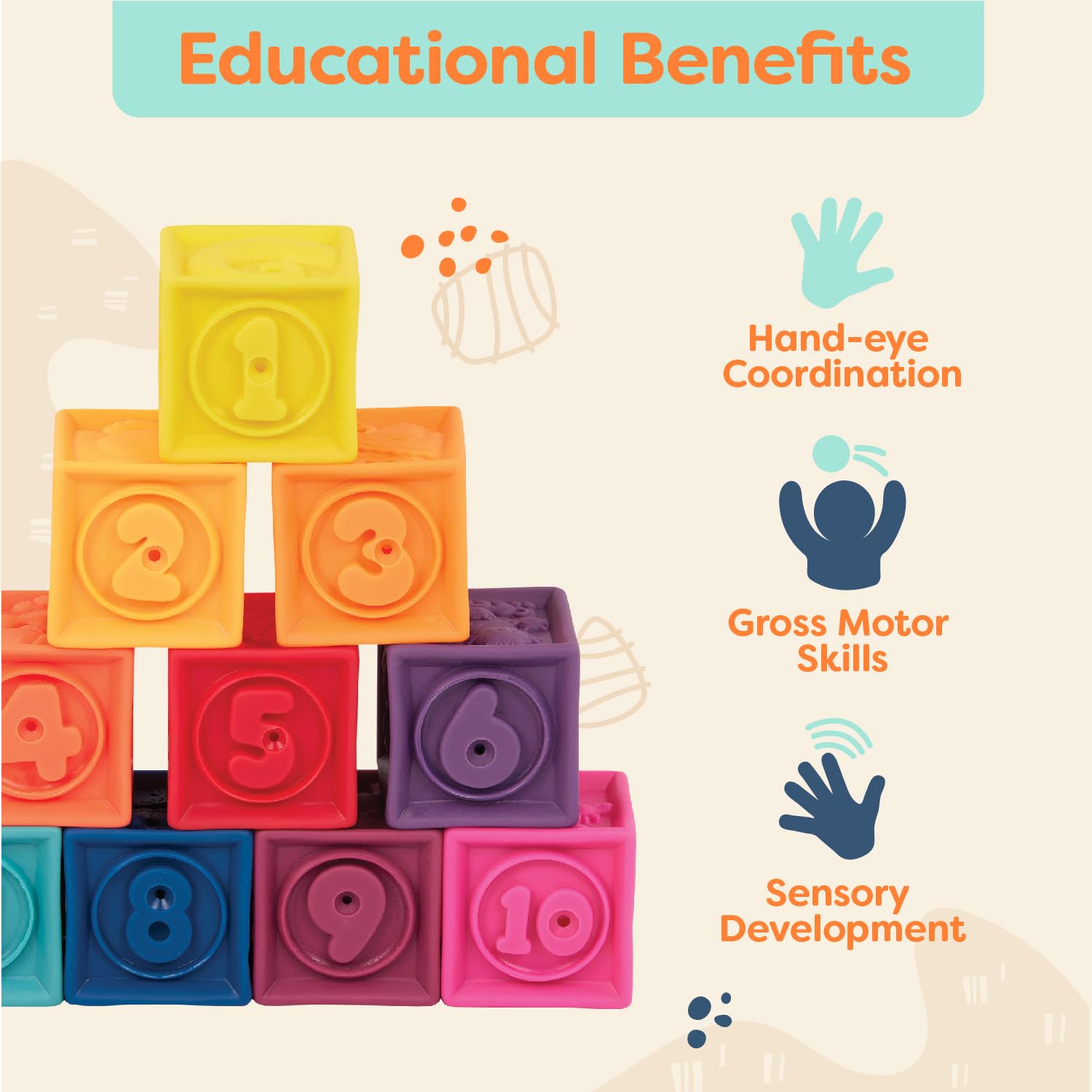 B. Toys One Two Squeeze Baby Blocks - 10 Soft Educational Stacking Blocks for Toddlers 6 Months+ 9