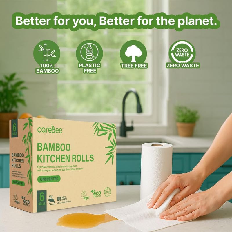 CareBee Kitchen Roll - 2 Ply Strong & Absorbent Bamboo Paper Towels | 3 Rolls 2