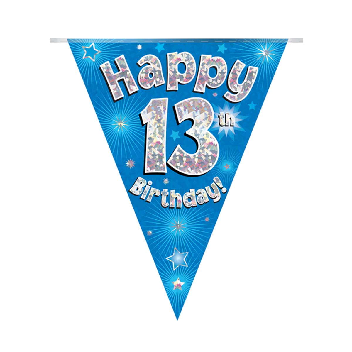OakTree Happy 13th Birthday Bunting - Blue Holographic Flags | 3.9m Length | 11 Flags