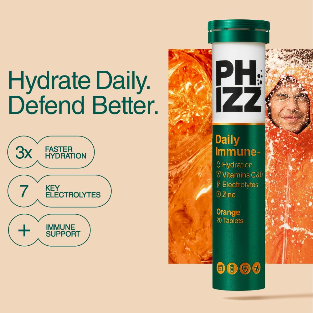 Phizz Daily Immune+ Orange Effervescent Tablets - Hydration, Immunity, Electrolytes & Vitamins - 20 Count