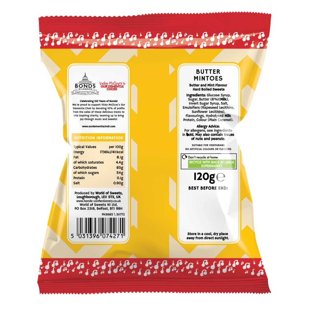 Bonds of London Butter Mintoes, Retro Boiled Sweets, Vegetarian Friendly, 120g (Pack of 12)