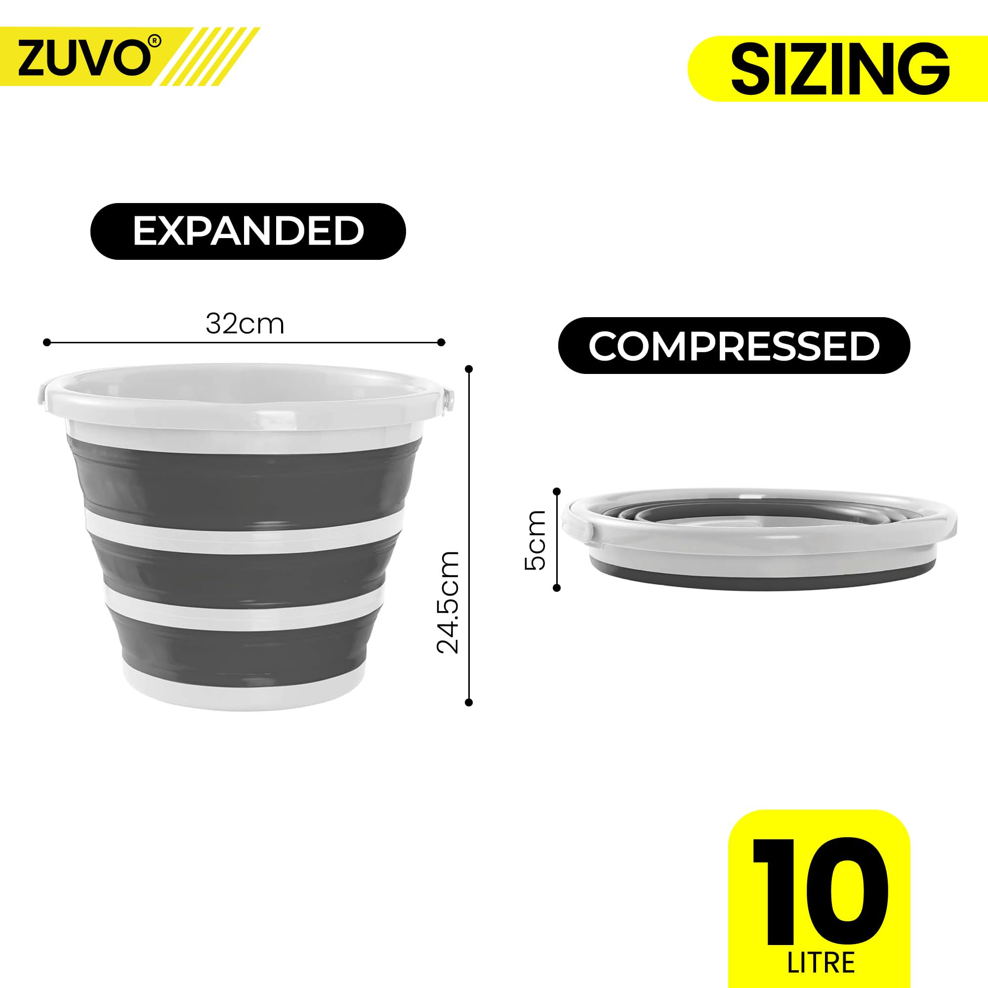 Zuvo Collapsible Bucket - 10L Capacity | Silicone Folding Design | White/Grey 2