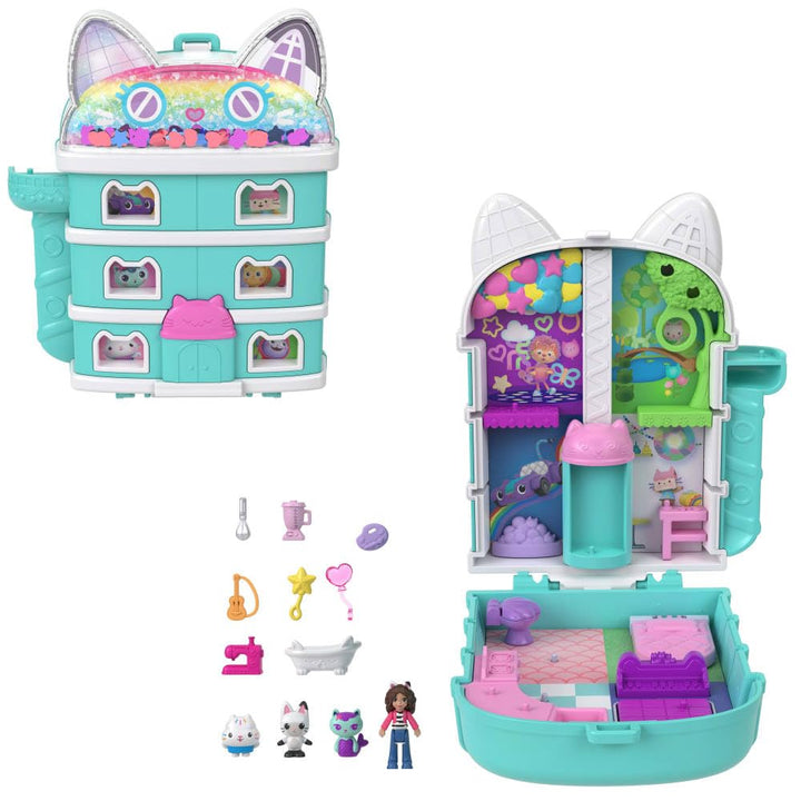 Polly Pocket x Gabby's Dollhouse Playset - 15-Piece Interactive Compact with Doll & Kitty Friends