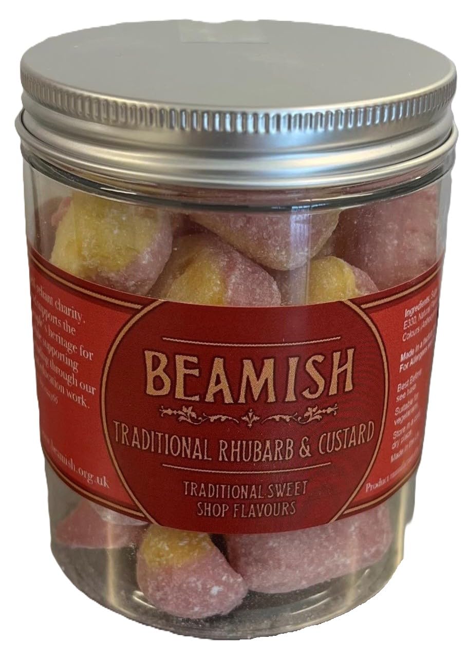 Beamish Branded Natural Rhubarb and Custard Candy Jar, 200g - Traditional Handmade Sweets