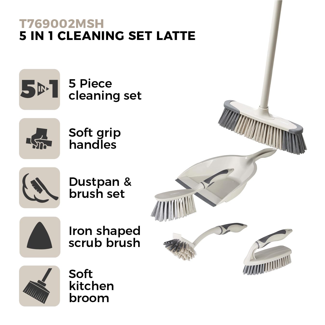 Tower T769002MSH 5-in-1 Cleaning Set with Dust Pan, Brush, Kitchen Broom, Dish Brush & Scrub Brush 3