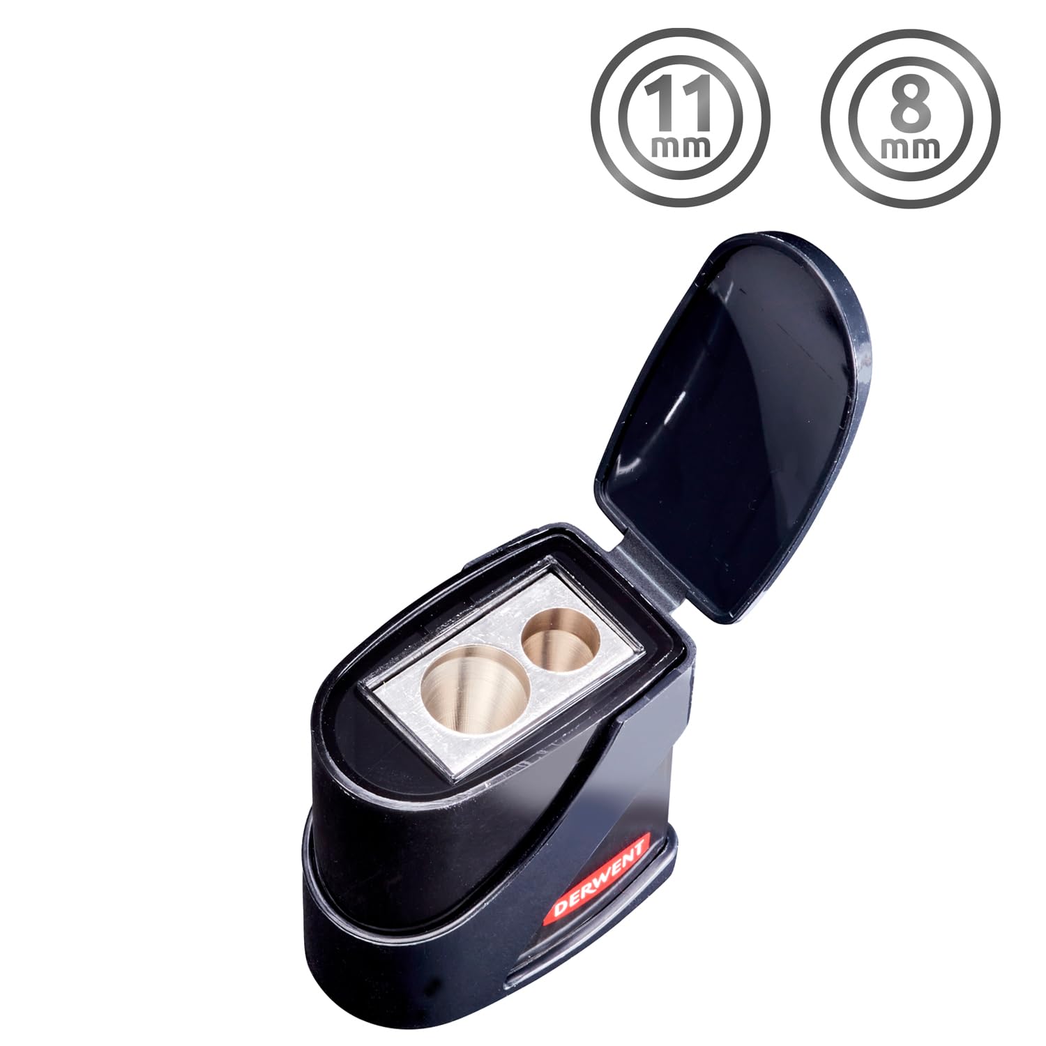 Derwent Twin Hole Pencil Sharpener with Container - Dual Hole Manual Metal Blades | Black