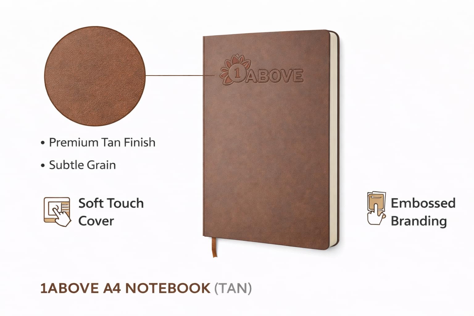 1ABOVE A4 Soft Feel Executive Notebook | Tan Hardback Journal | 160 Lined Pages
