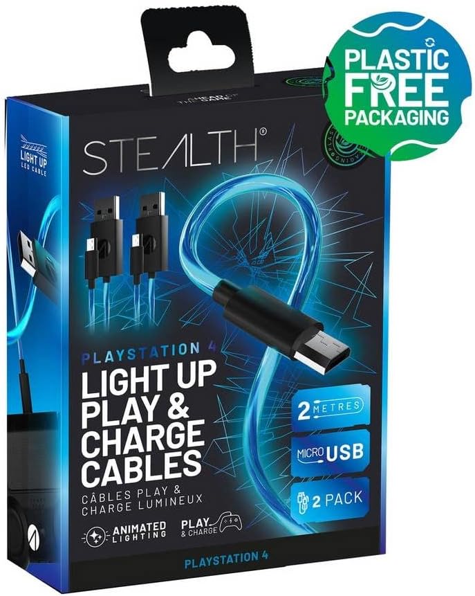 Stealth SP-LED-2M 2m LED Light-Up Twin Play & Charge Cables for PS4 DualShock Controllers