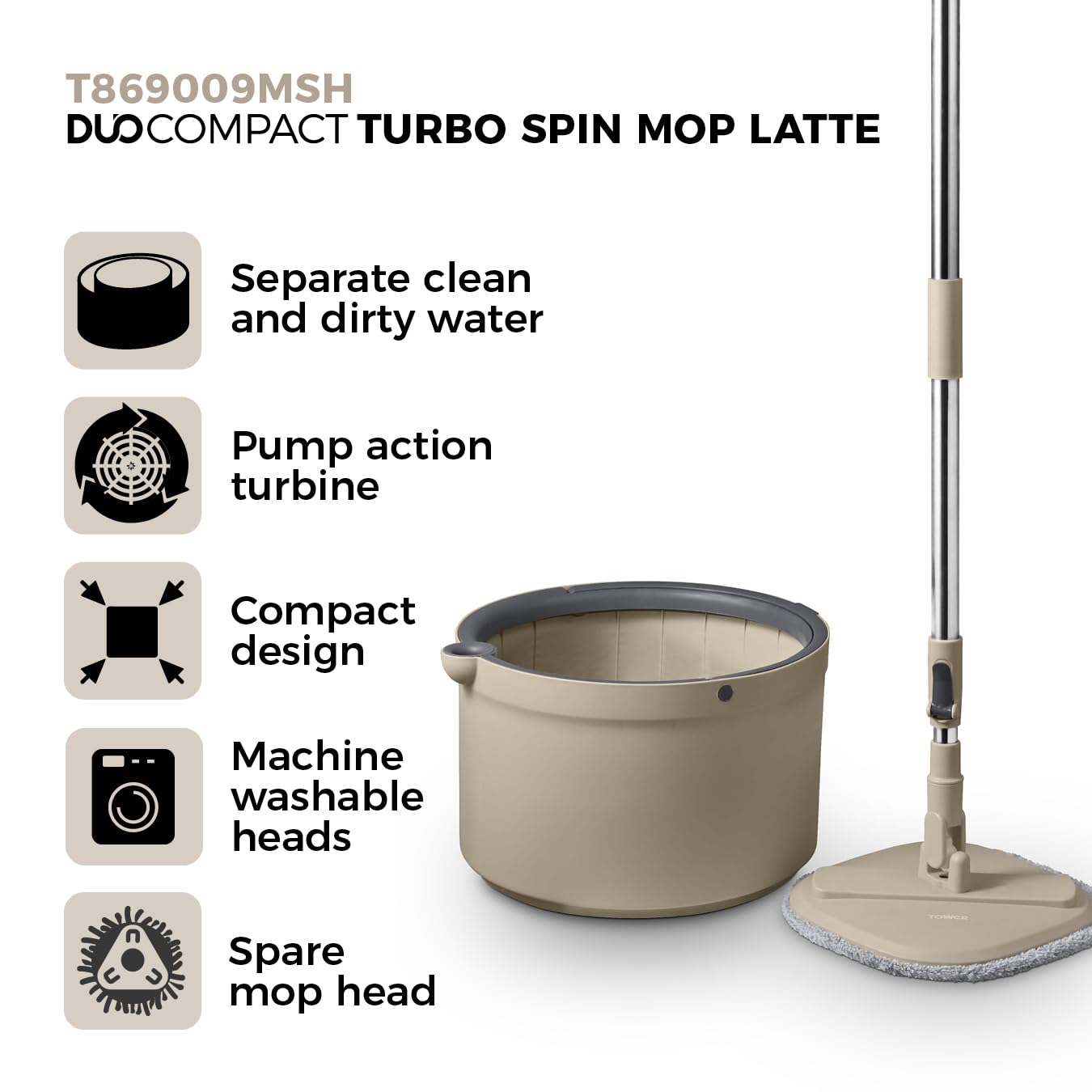 Tower Duo Compact Spin Mop & Bucket - Clean/Dirty Water Separation | 2 Microfibre Pads | Latte & Grey
