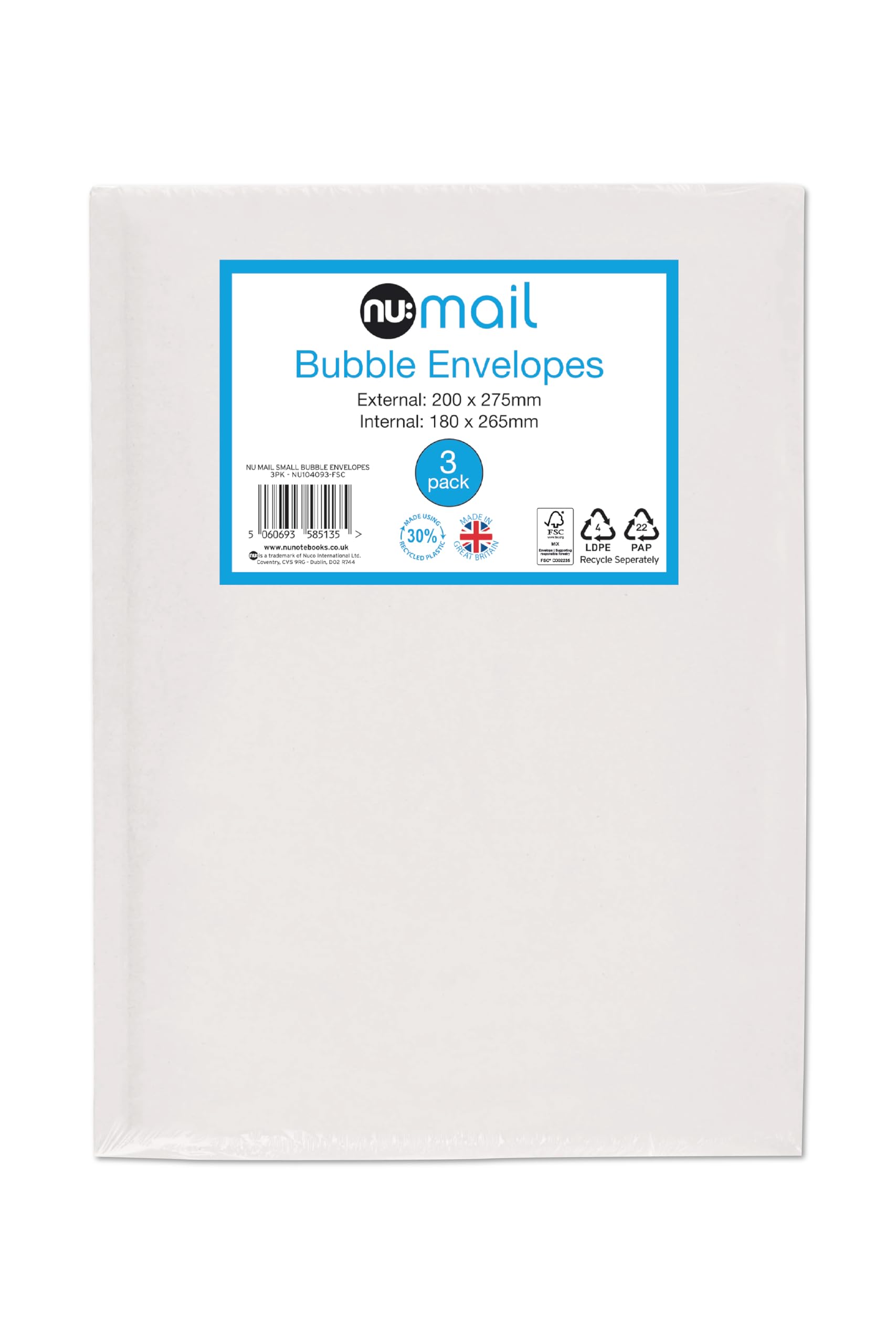 nu: Small Padded Bubble Envelope Mailers - 3 Pack | Self Seal | 30% Recycled Lining