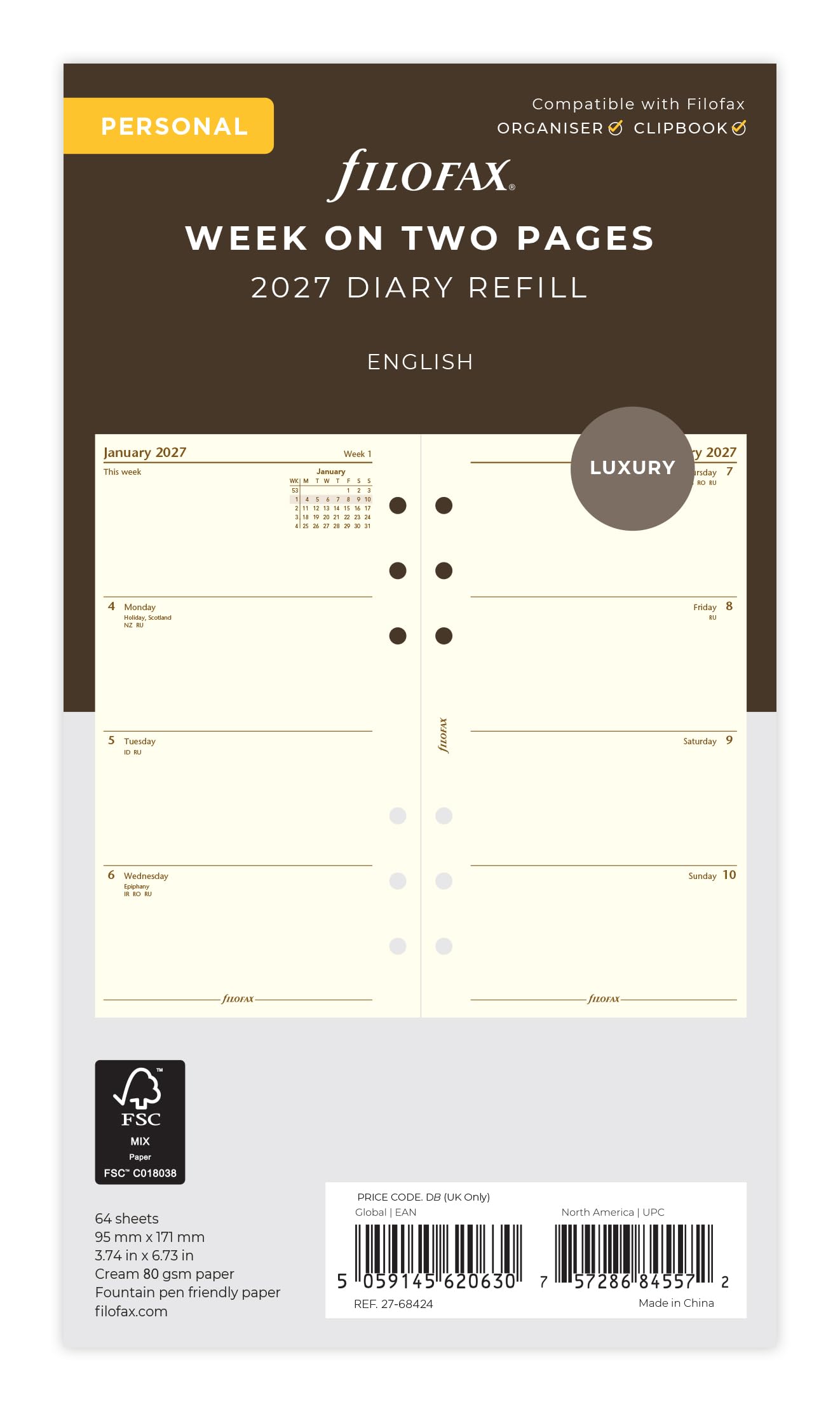Filofax Personal 2027 Diary Refill - Week on Two Pages | Cotton Cream Paper | 95mm x 171mm 1