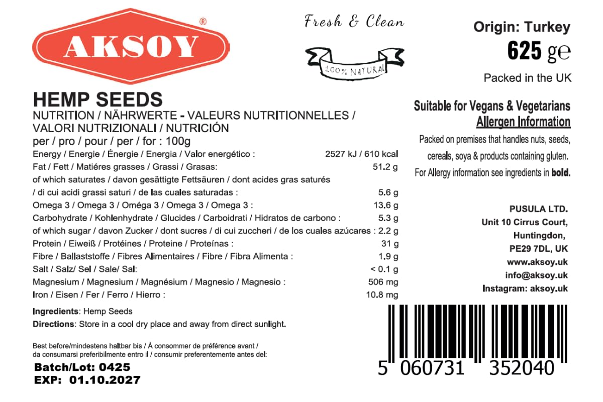AKSOY Whole Hemp Seeds - Complete Protein Source | 625g | Rich in Omegas 3 & 6 6