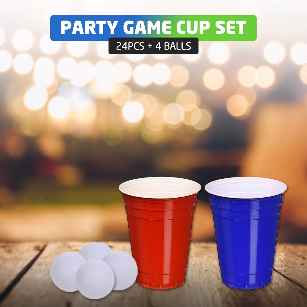 TOIS Party Game Set - 24 Pieces: 10 Red Cups, 10 Blue Cups (16oz) & 4 Balls