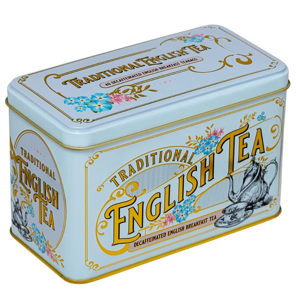 New English Teas Vintage Victorian Decaffeinated English Breakfast Tea Caddy - 40 Foil-Wrapped Teabags
