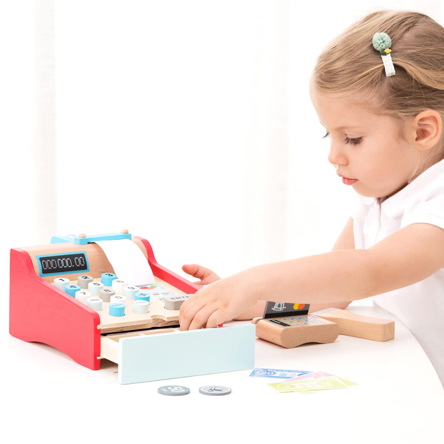 New Classic Toys Bon Appetit Wooden Cash Register Set Pretend Play Toy for Kids 3 Years and Up 11