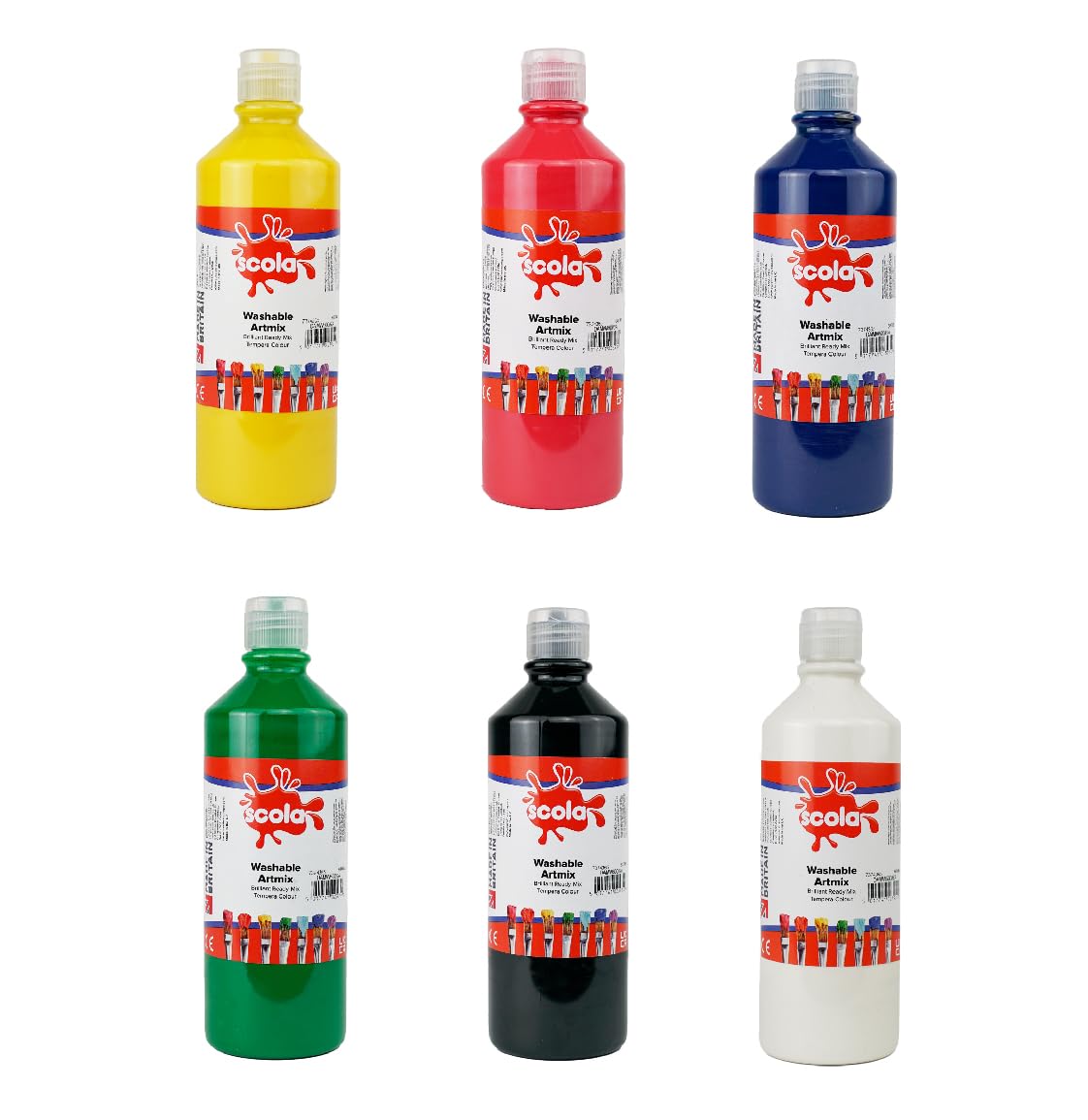 scola Readymix Water Based Washable Tempera Paint - 6 Assorted Bright Colours | 600 ml