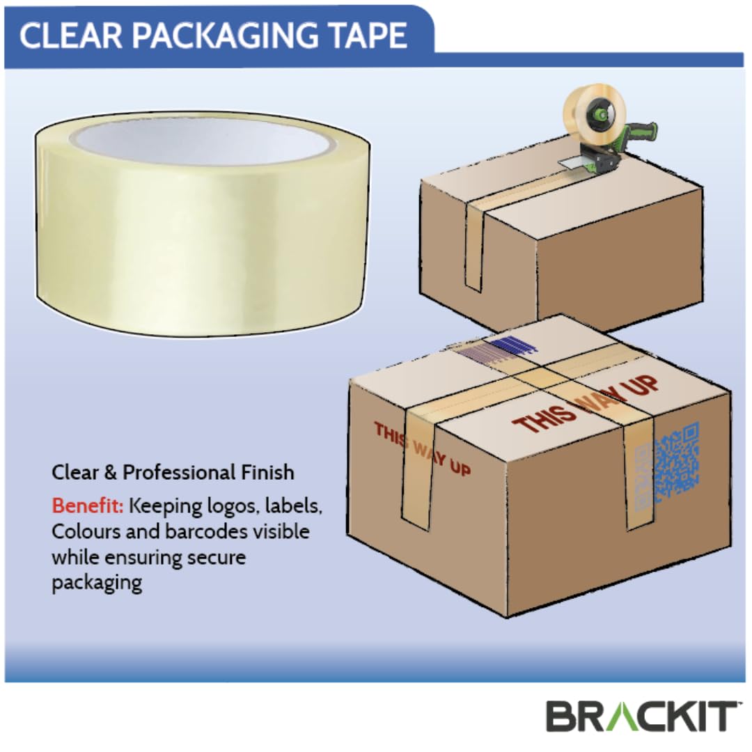 brackit Packaging Tape Dispenser Kit - 6 Rolls Clear Tape 48mm x 66m Heavy Duty | High Adhesion