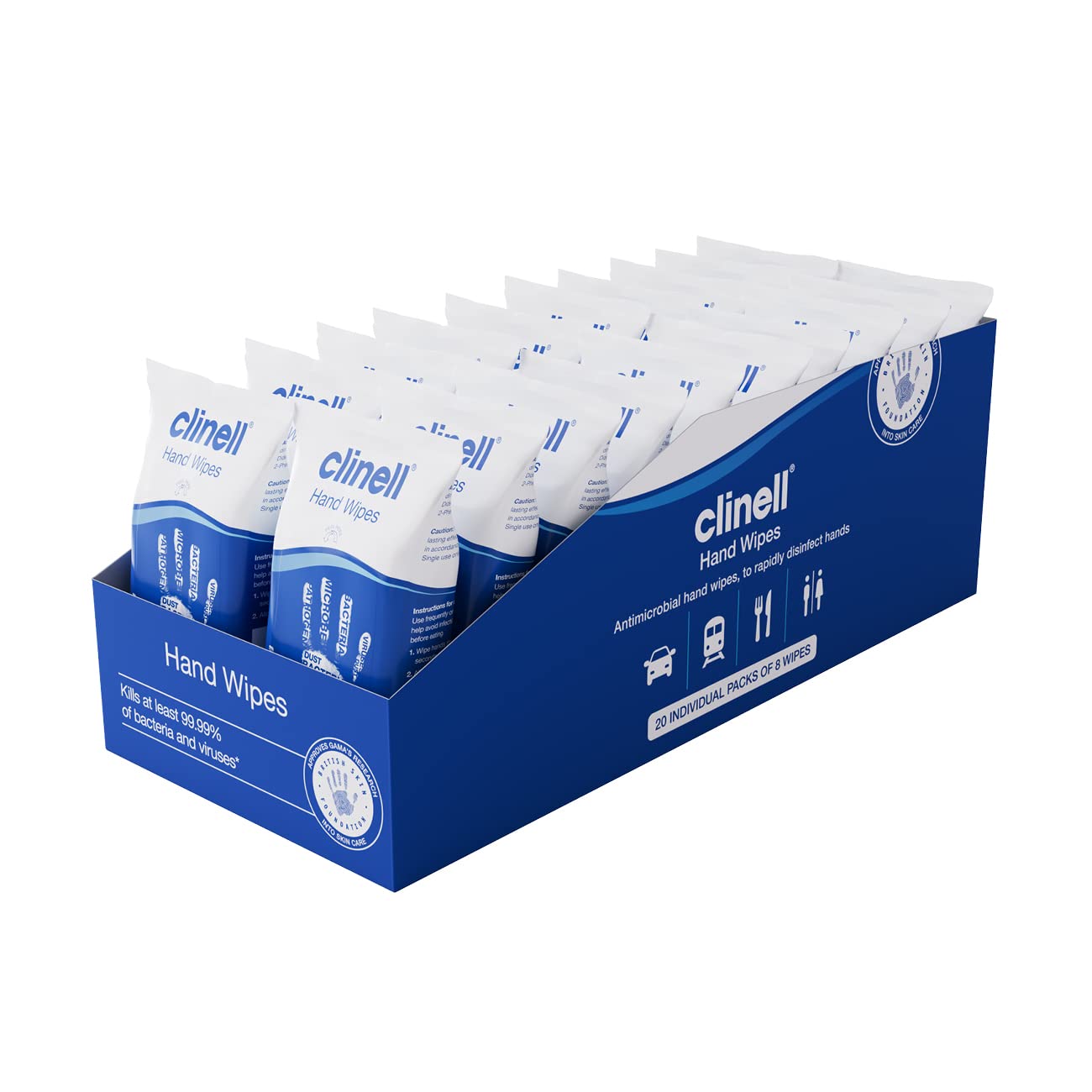 Clinell Antimicrobial Hand Wipes - Kills 99.999% Bacteria | Travel Size | 20 Packs of 8 Wipes