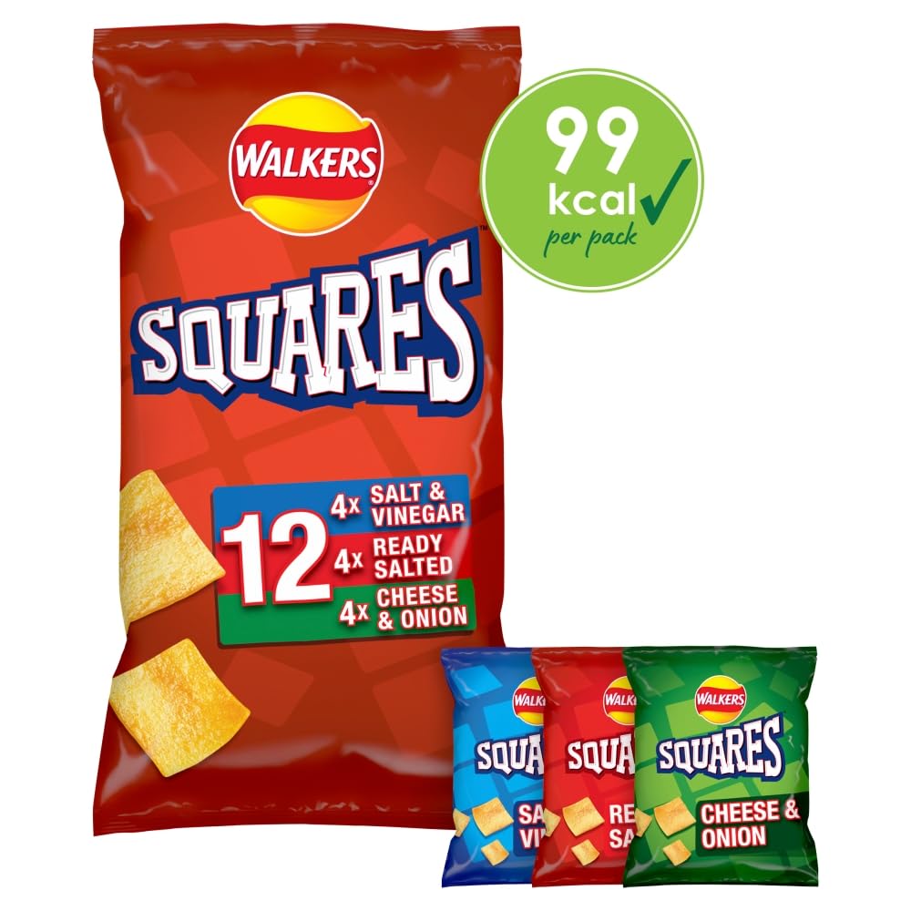 Walkers Squares Potato Snacks Multipack - 12 x 22g Packs | Salt & Vinegar, Ready Salted, Cheese & Onion 4