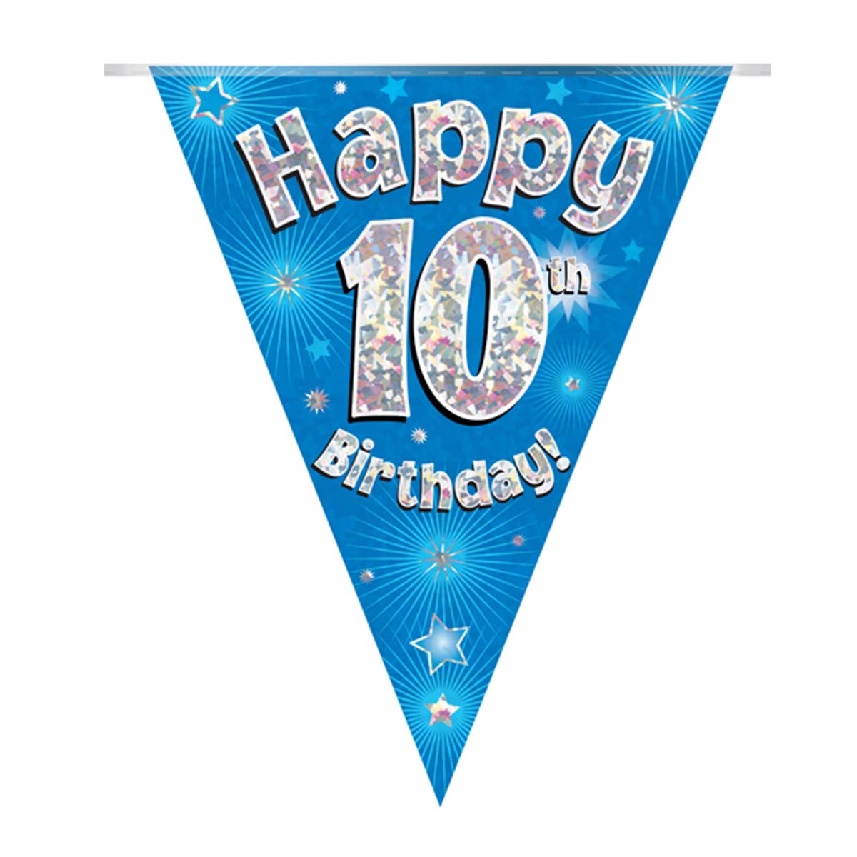OakTree Happy 10th Birthday Blue Holographic Bunting Banner | 11 Flags | 3.9m Length 2