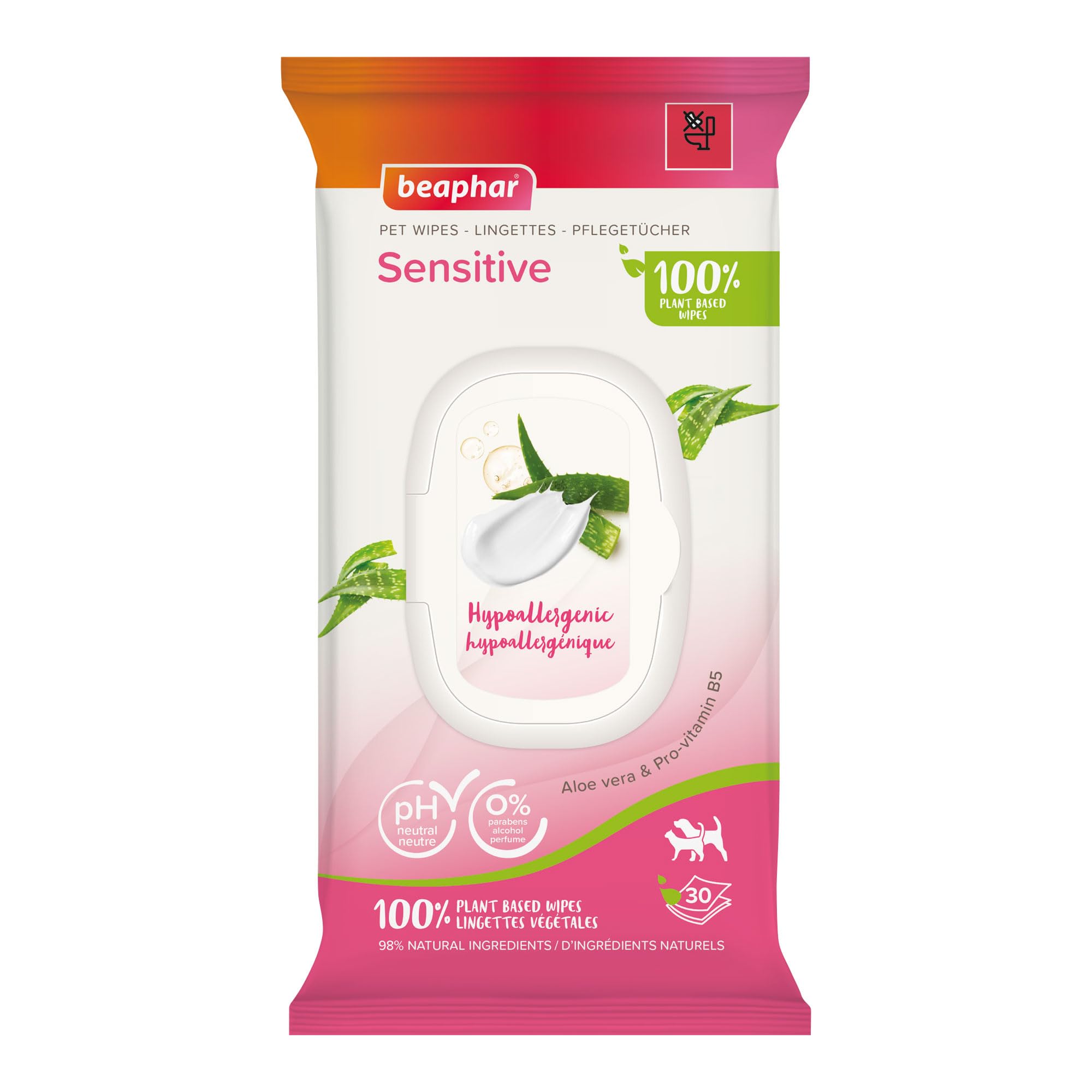 Beaphar Sensitive Grooming Wipes for Cats & Dogs | 100% Plant-Based | Aloe Vera & Pro-Vitamin B5 1