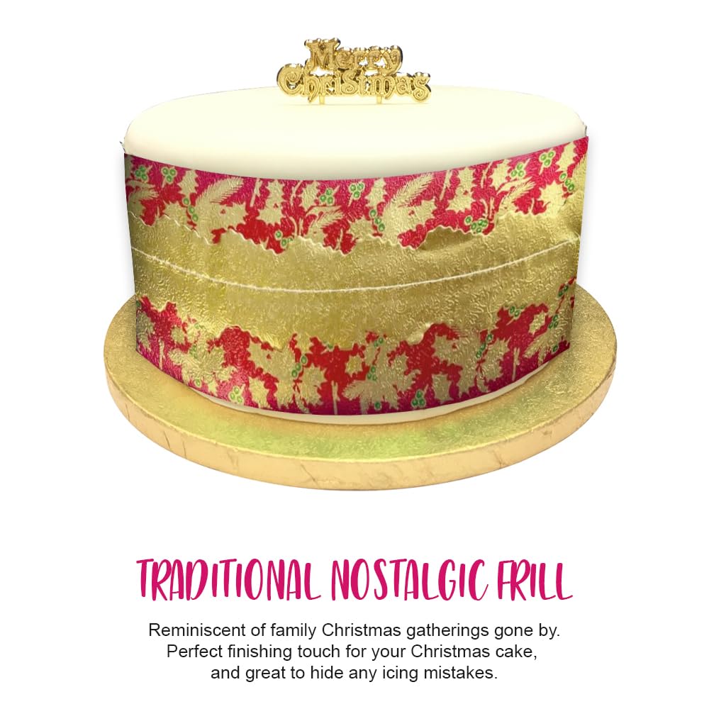 Anniversary House Traditional Christmas Cake Frill - Red/Gold Holly, 86cm Pre-Cut Decorative Trim