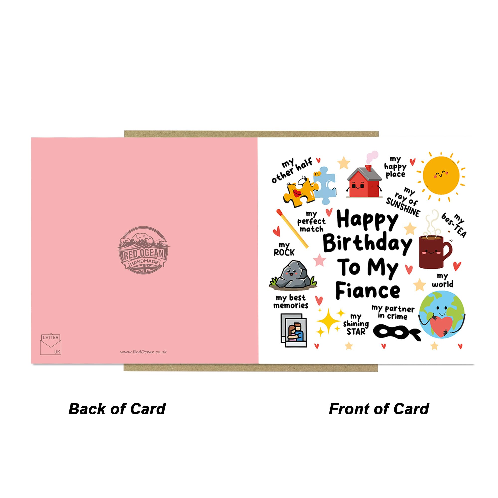 RED OCEAN Happy Birthday To My Fiance Card with Kraft Envelope | Handmade in England | 350gsm Matte Card 6
