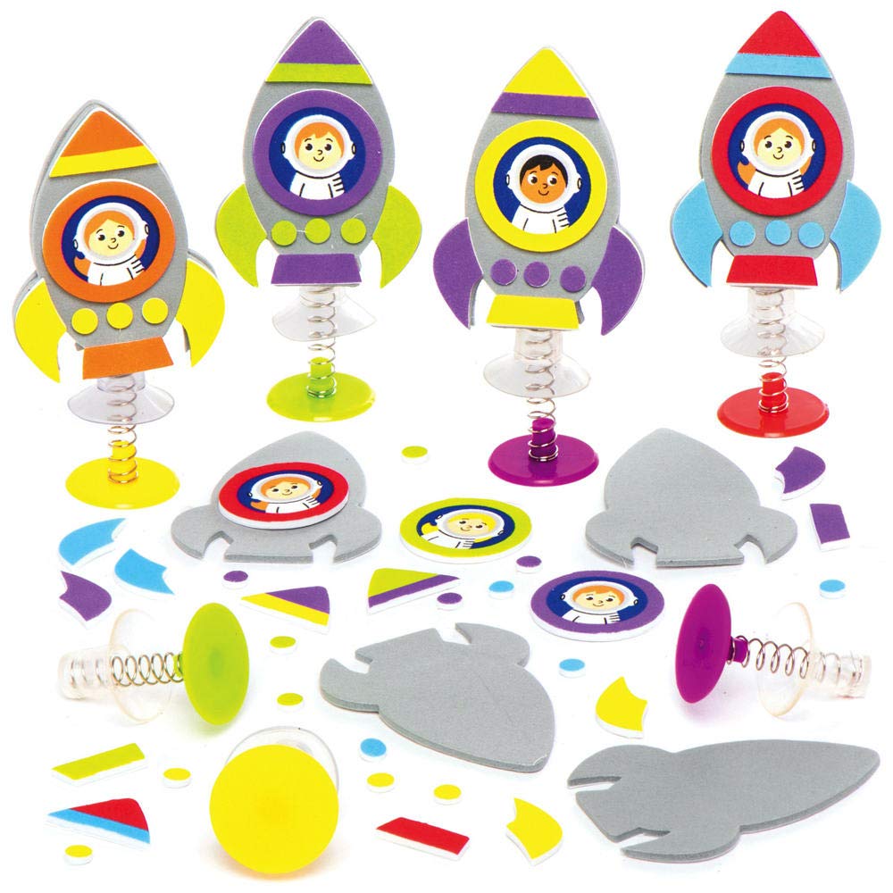 Baker Ross AX181 Space Rocket Jumping Toys - Pack of 8 | 9cm High | Foam & Spring Mechanism