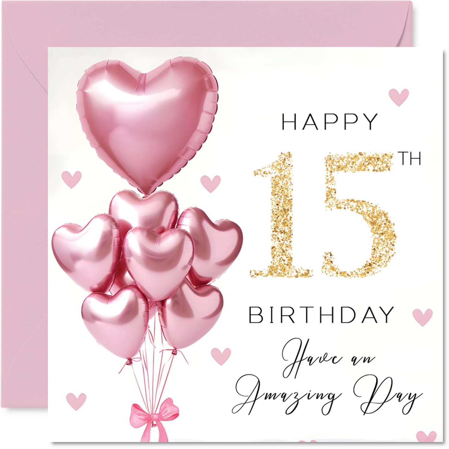 Stuff4 15th Birthday Card for Girls - Pink Glitter Balloons | 145mm x 145mm | Blank Inside