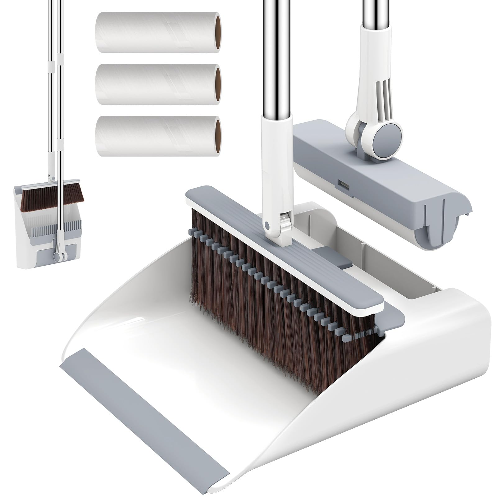 Euqvunn - Dustpan and Brush Sets Long Handled 3-in-1 with Lint Roller