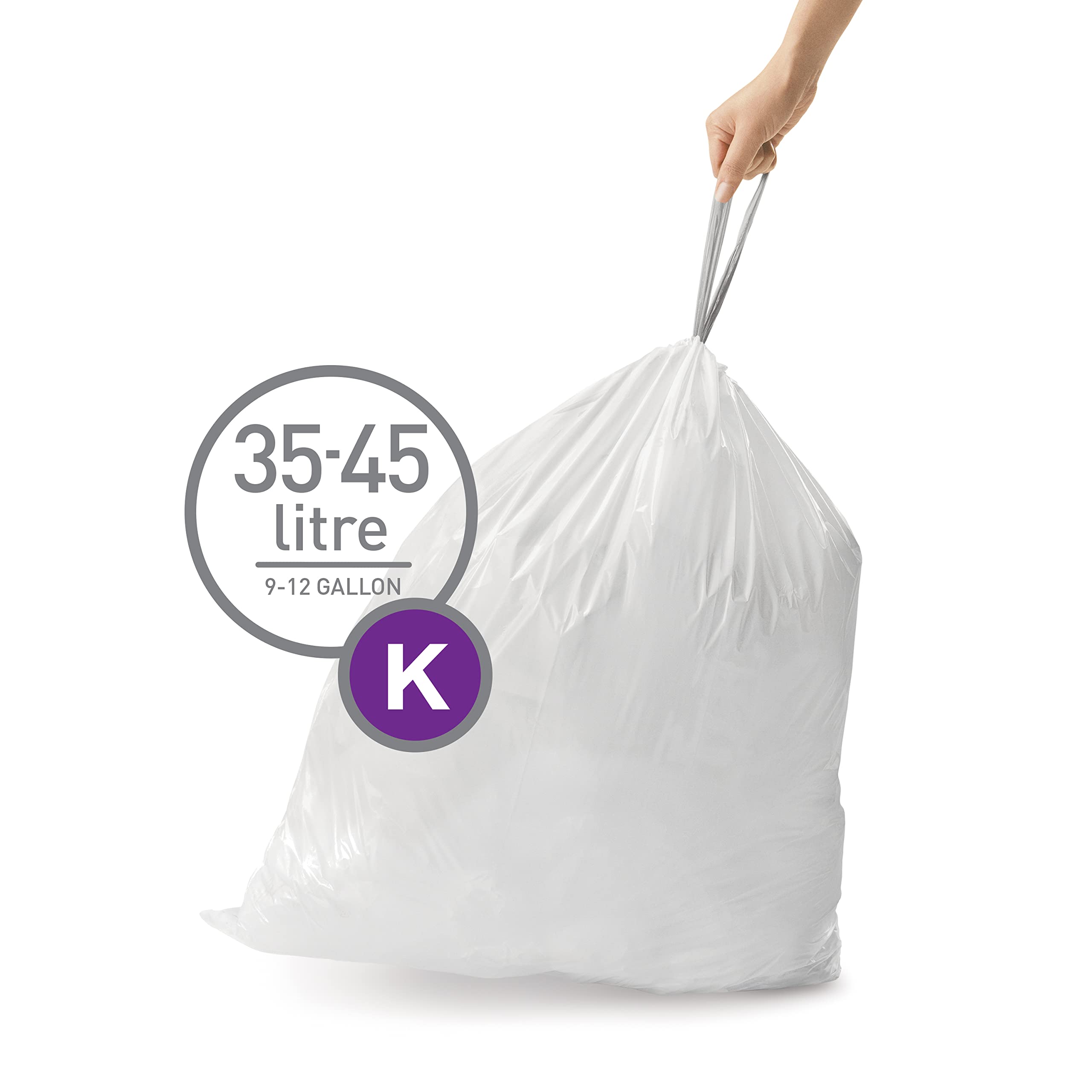simplehuman CW0260 Code K Custom Fit Bin Liner - 40L Capacity, White Plastic, 60 Count (Pack of 3) 2
