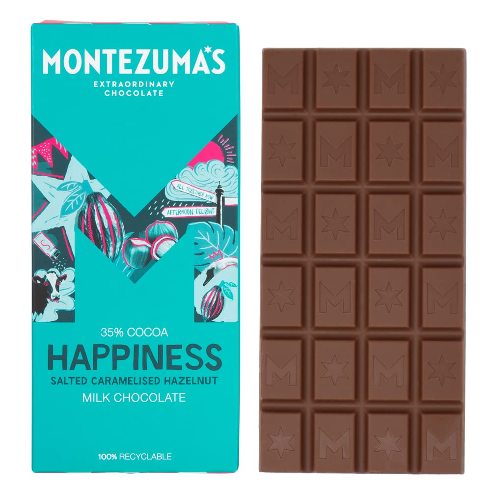 Montezuma Happiness Milk Chocolate Bar with Salted Caramelised Hazelnuts 35% Cocoa 90g 1