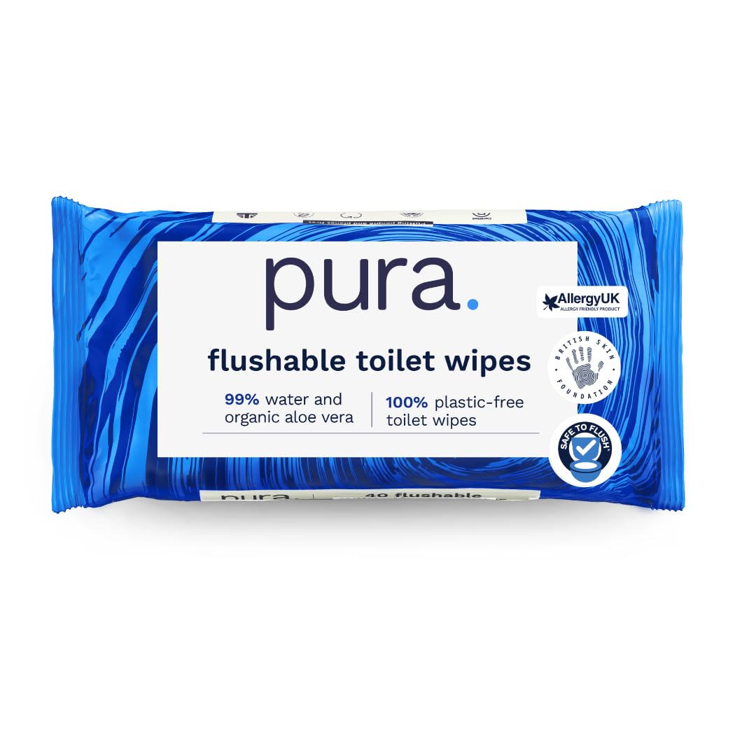 Pura Flushable Moist Toilet Tissue Wipes - 40 Count Pack, 100% Plastic Free