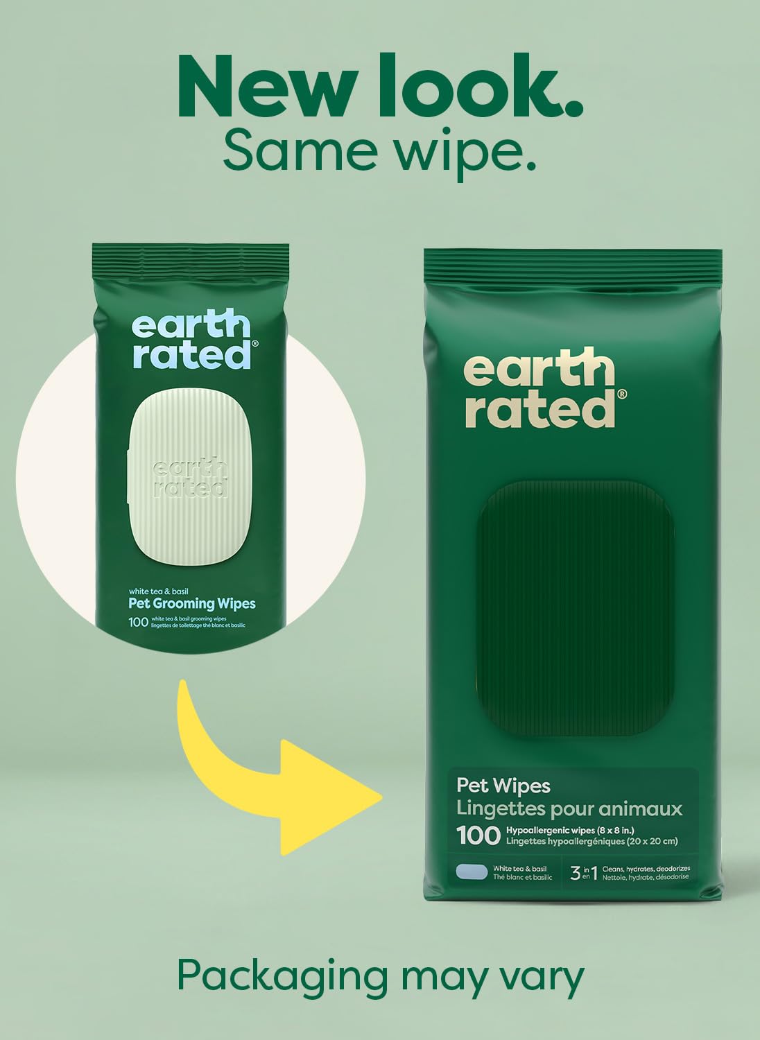 Earth Rated Pet Wipes for Dogs and Cats - Hypoallergenic, 3-in-1 Cleaning, White Tea & Basil Scent, 100 Count