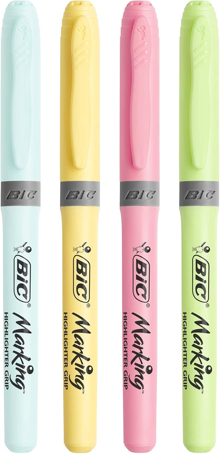 Bic Highlighter Grip Pens with Anti-Drying Technology in 4 Assorted Colors, Pack of 4 4