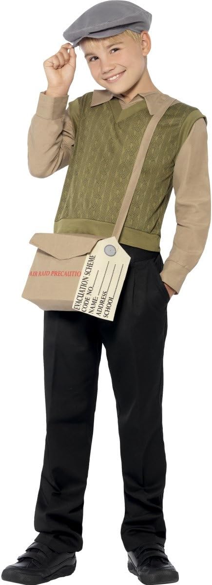 Smiffys Evacuee Boy Kit - Green Dress Up Costume with Jumper, Hat, Bag & Tag 1